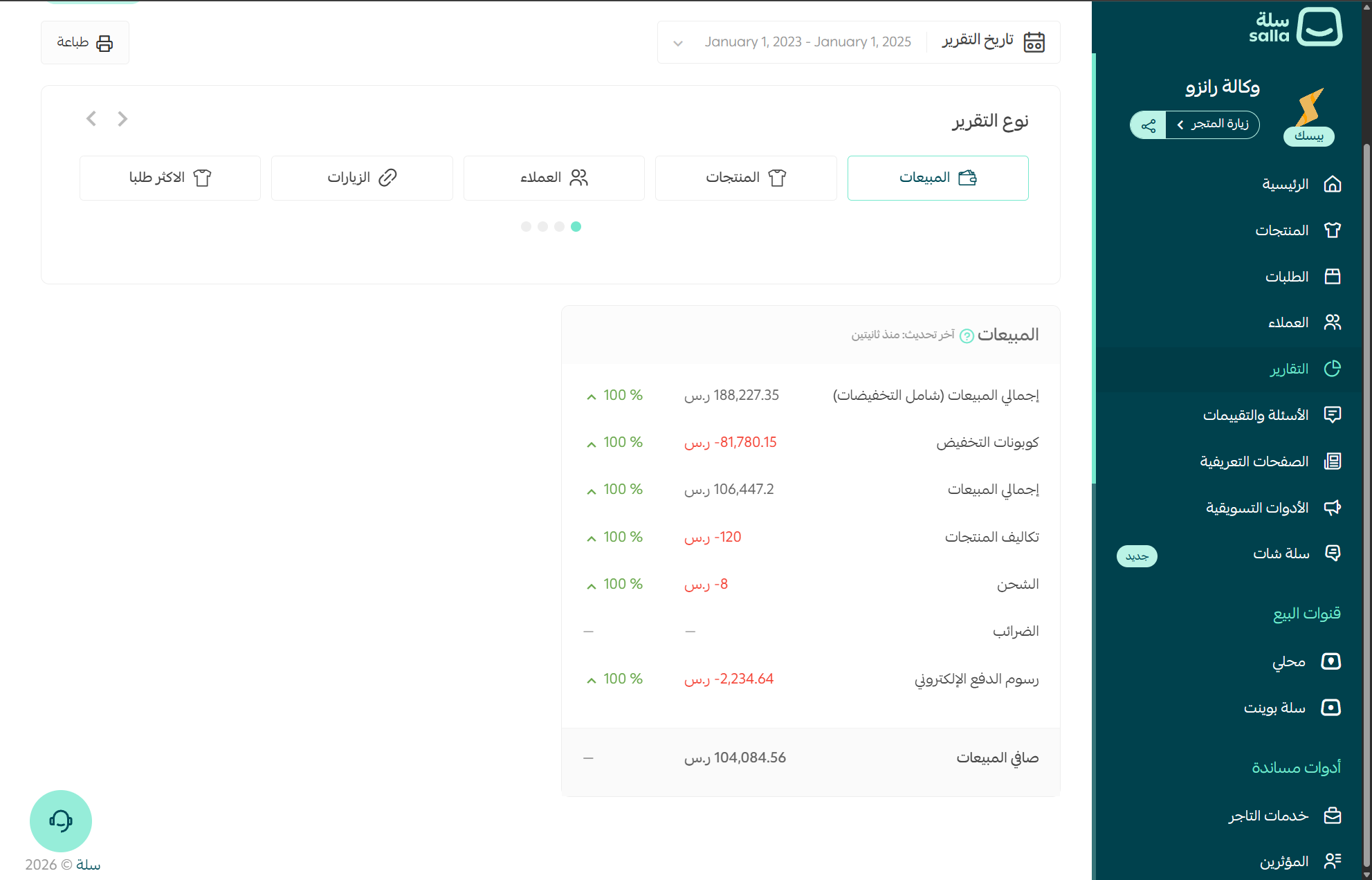 تقرير مبيعات منصة سلة — متجر الخدمات